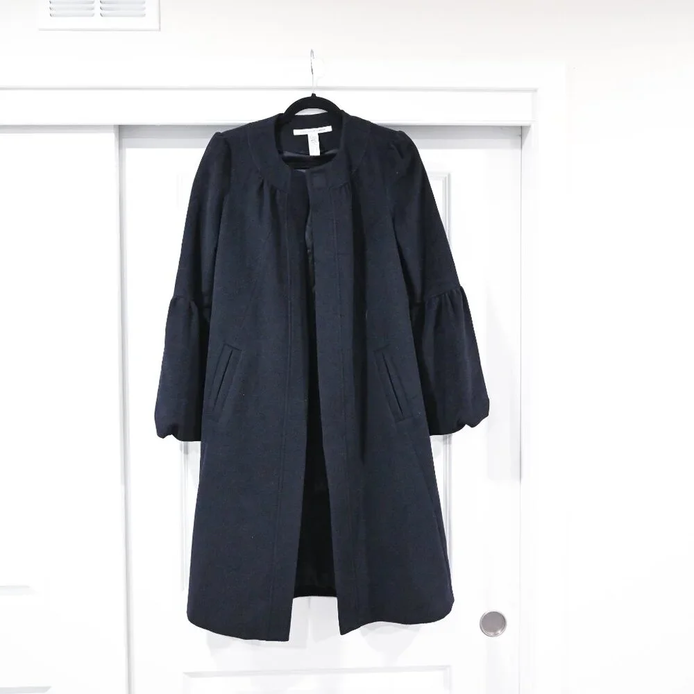Diane von Furstenberg Size 6 Navy Wool Puff Sleve Midi Pea Coat - Picture 2 of 9